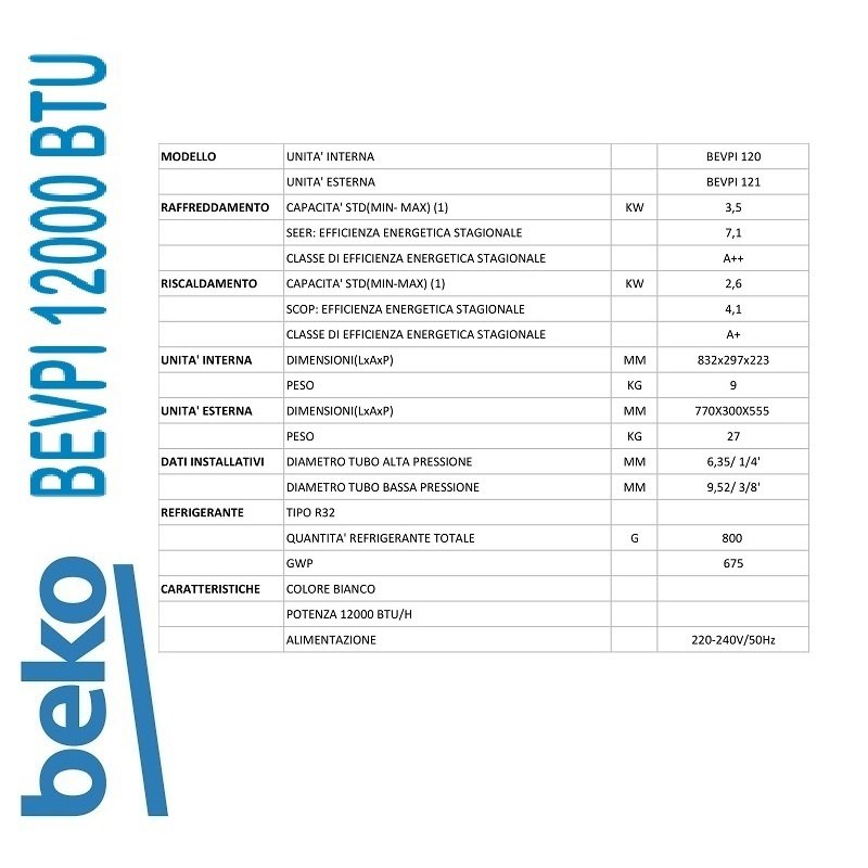 CONDIZIONATORE CLIMATIZZATORE BEKO BEVPI 120 12000 BTU R-32 - immagine 3