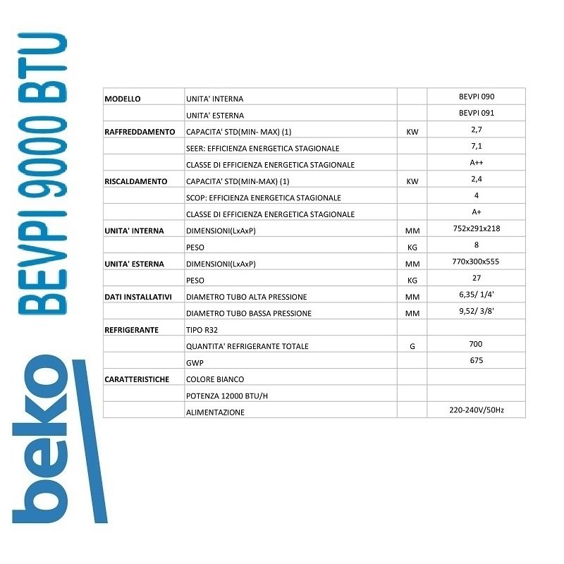 CONDIZIONATORE CLIMATIZZATORE BEKO BEVPI 090 9000 BTU R-32 - immagine 3