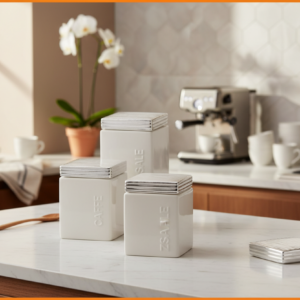 SET TRE BARATTOLI IN CERAMICA QUADRATI
