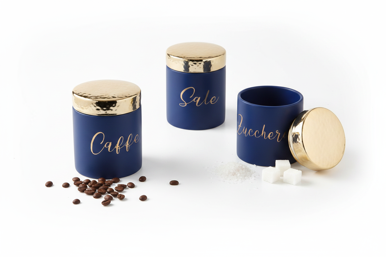 SET TRE BARATTOLI IN CERAMICA BLU
