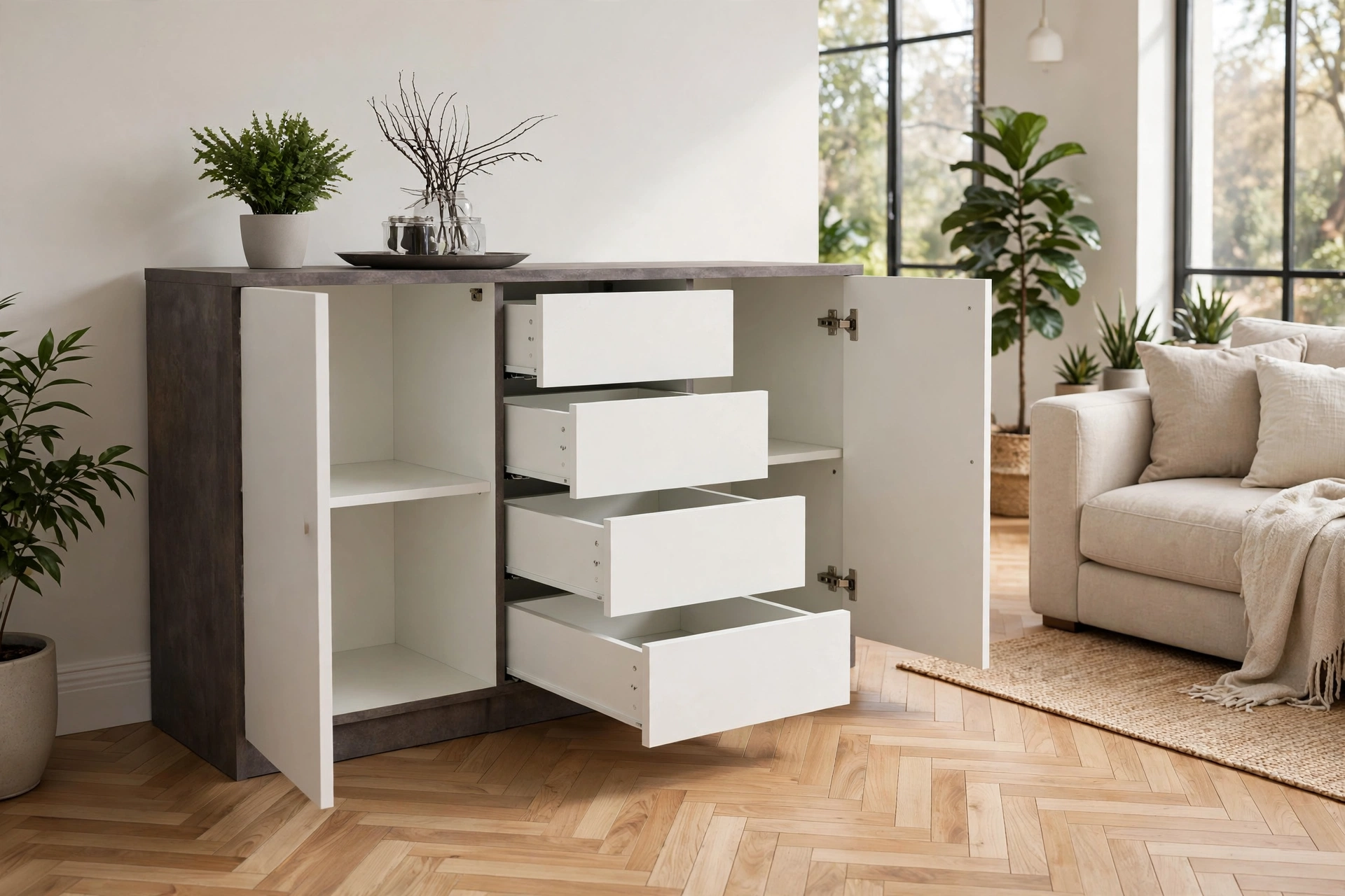 KIT CREDENZA DUE ANTE E QUATTRO CASSETTI BIANCA/CEMENTO
