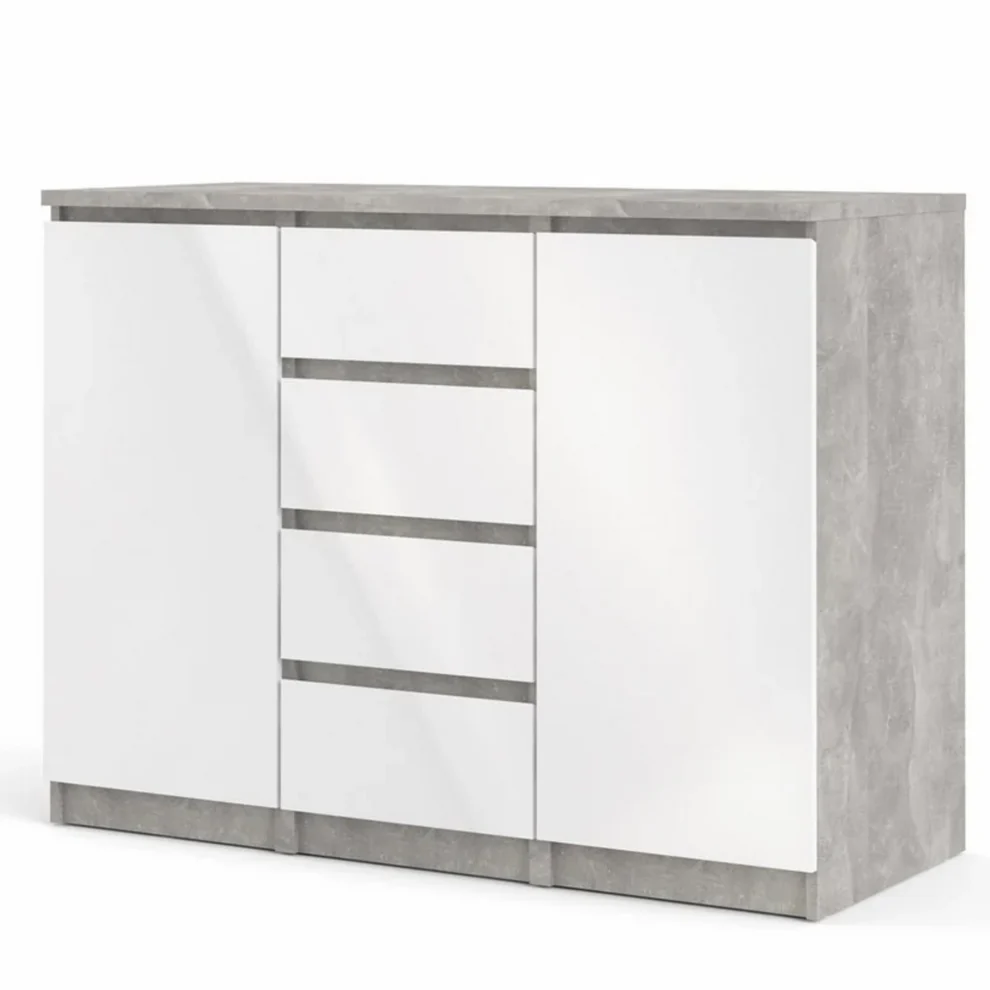 KIT CREDENZA DUE ANTE E QUATTRO CASSETTI BIANCA/CEMENTO