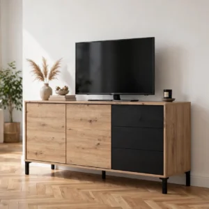 KIT CREDENZA DUE ANTE E TRE CASSETTI ROVERE/GRIGIO