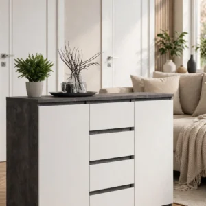 KIT CREDENZA DUE ANTE E QUATTRO CASSETTI BIANCA/CEMENTO