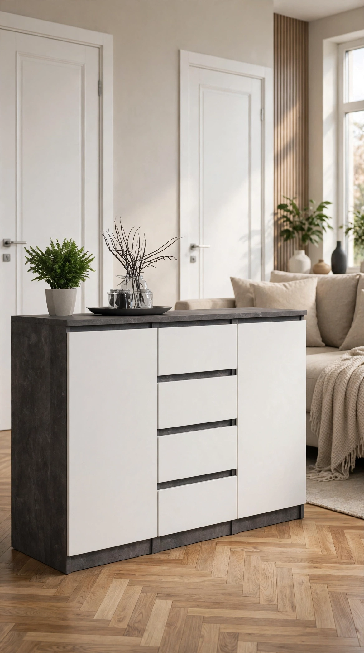 KIT CREDENZA DUE ANTE E QUATTRO CASSETTI BIANCA/CEMENTO